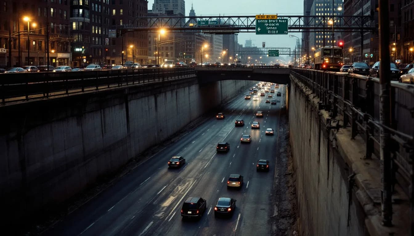 A sunken expressway at dusk cut between concrete retaining walls