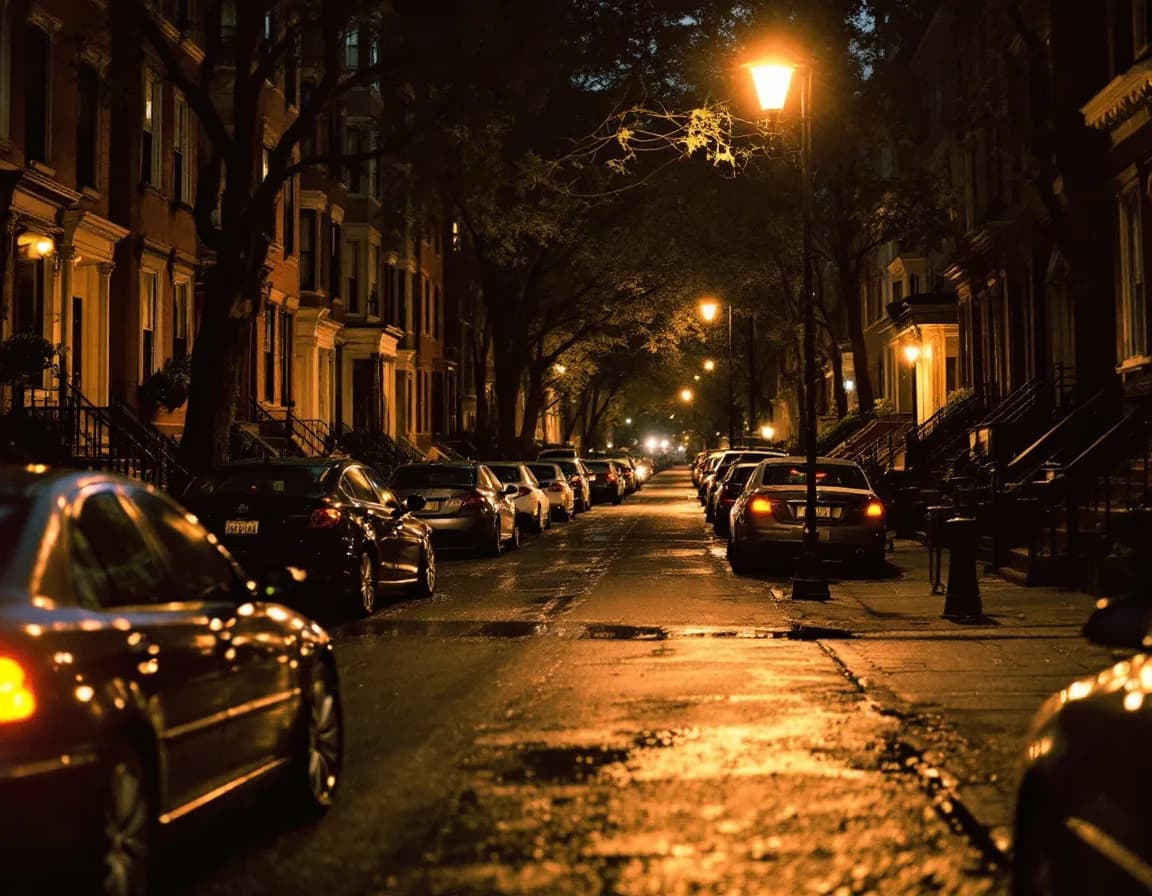 A quiet residential block at night with cars parked along both curbs