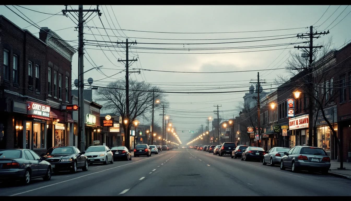 A wide city avenue on an overcast afternoon, low storefronts and cars parked along both curbs