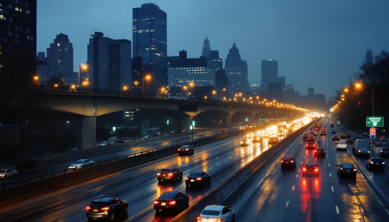 An elevated riverside expressway at night, tail lights and wet road surface