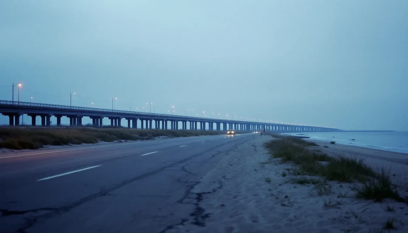 A low coastal road at dusk with a suspension bridge in the distance