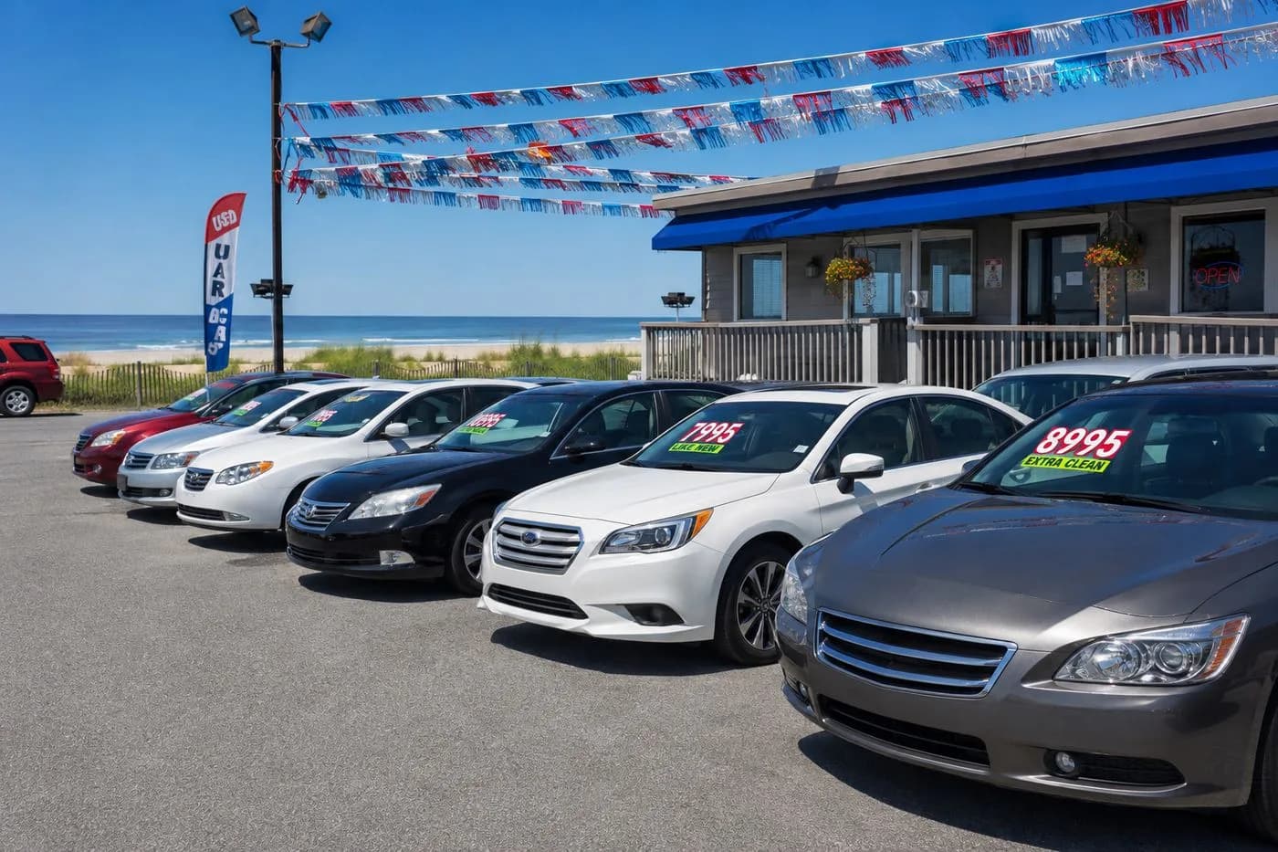 A row of used cars with windscreen price stickers under pennant banners on an open lot